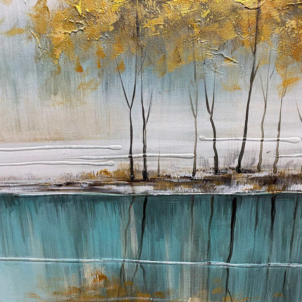 GOLDEN REFLECTIONS: Golden Trees Lake Wabi Sabi Oil Painting