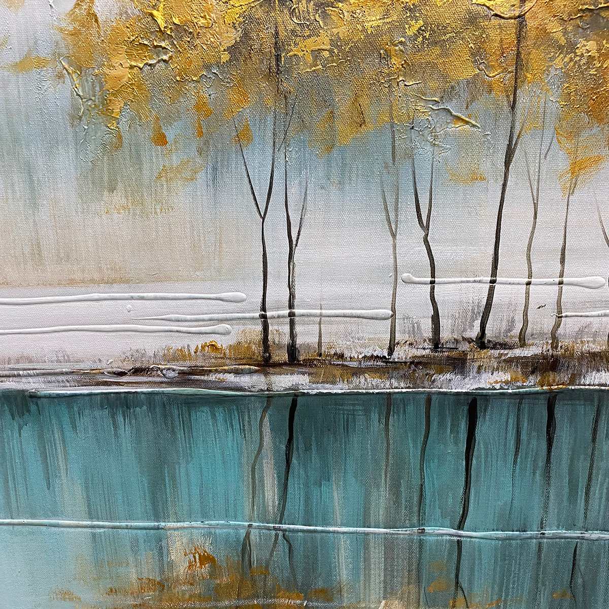 GOLDEN REFLECTIONS: Golden Trees Lake Wabi Sabi Oil Painting