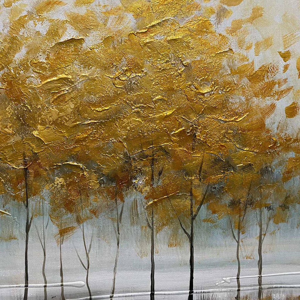 GOLDEN REFLECTIONS: Golden Trees Lake Wabi Sabi Oil Painting