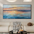 Serene Sunset: Panoramic Seascape Painting | Textured Wall Art | Horizontal Canvas | Beach Decor
