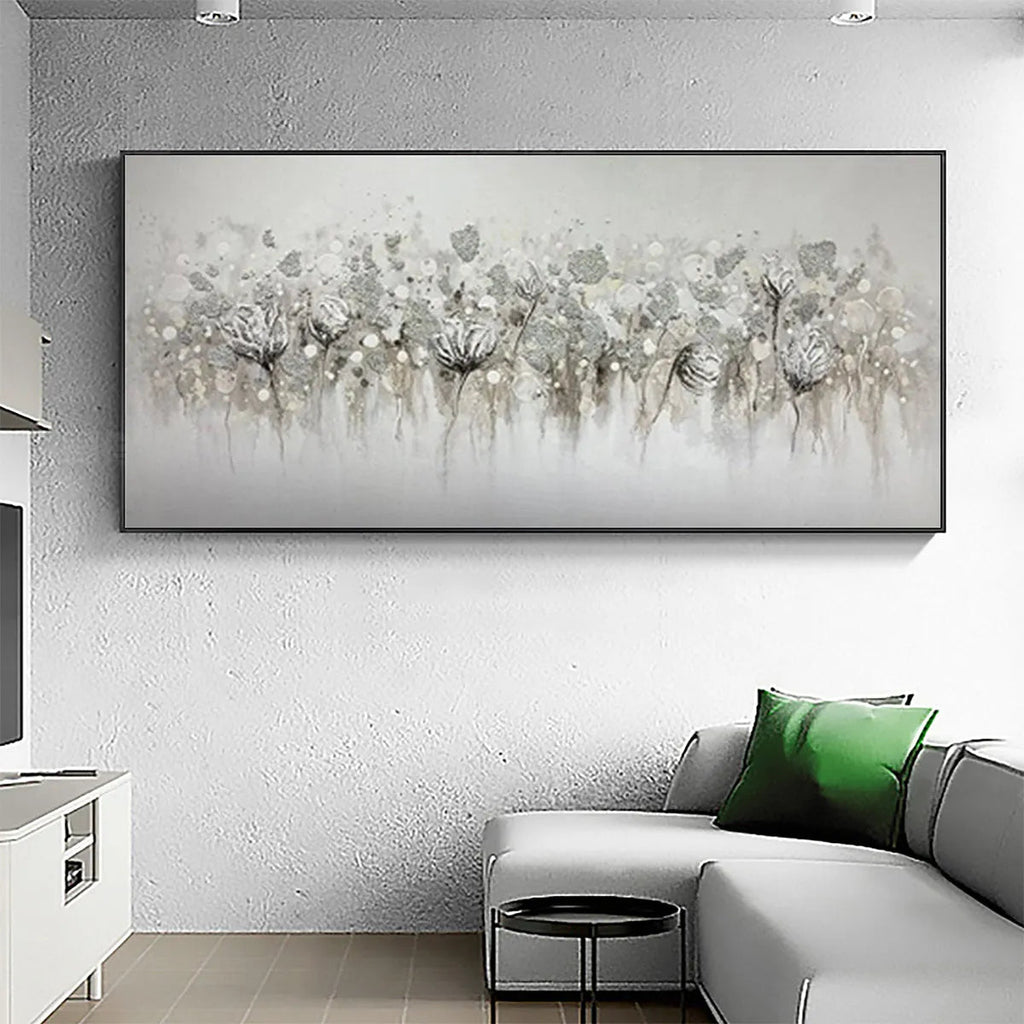 Silver Mist: Minimalist Floral Oil Painting in Silver and Grey on Canvas