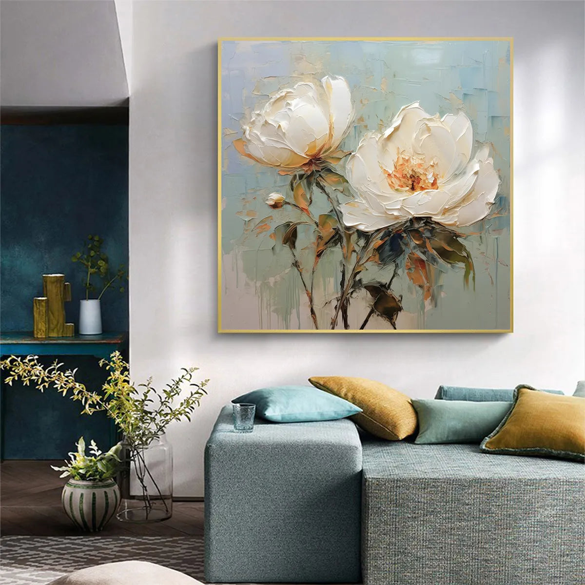 WHITE PEONY DUET: Square Two Peonies Oil Painting