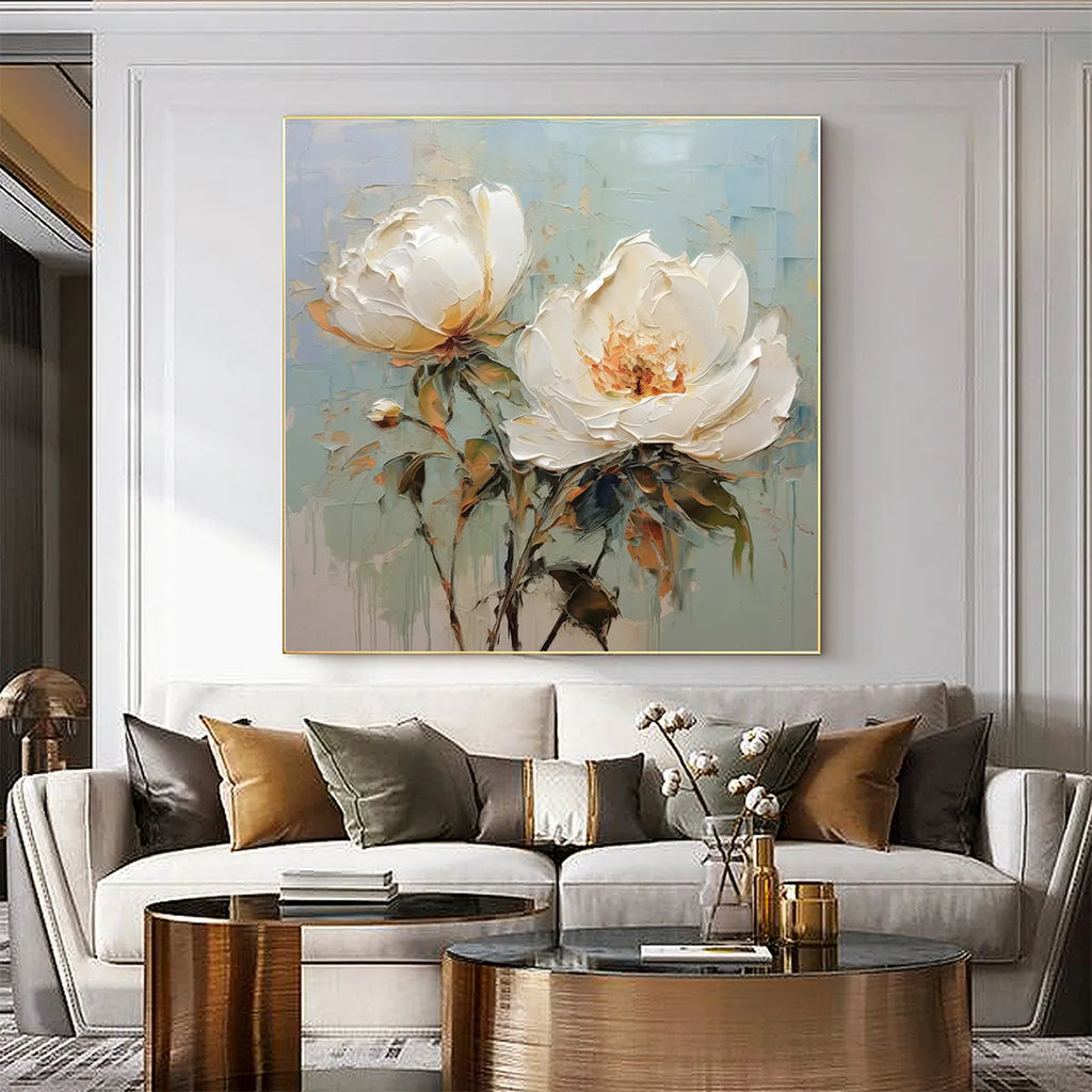 WHITE PEONY DUET: Square Impasto Peony Painting in Soft White