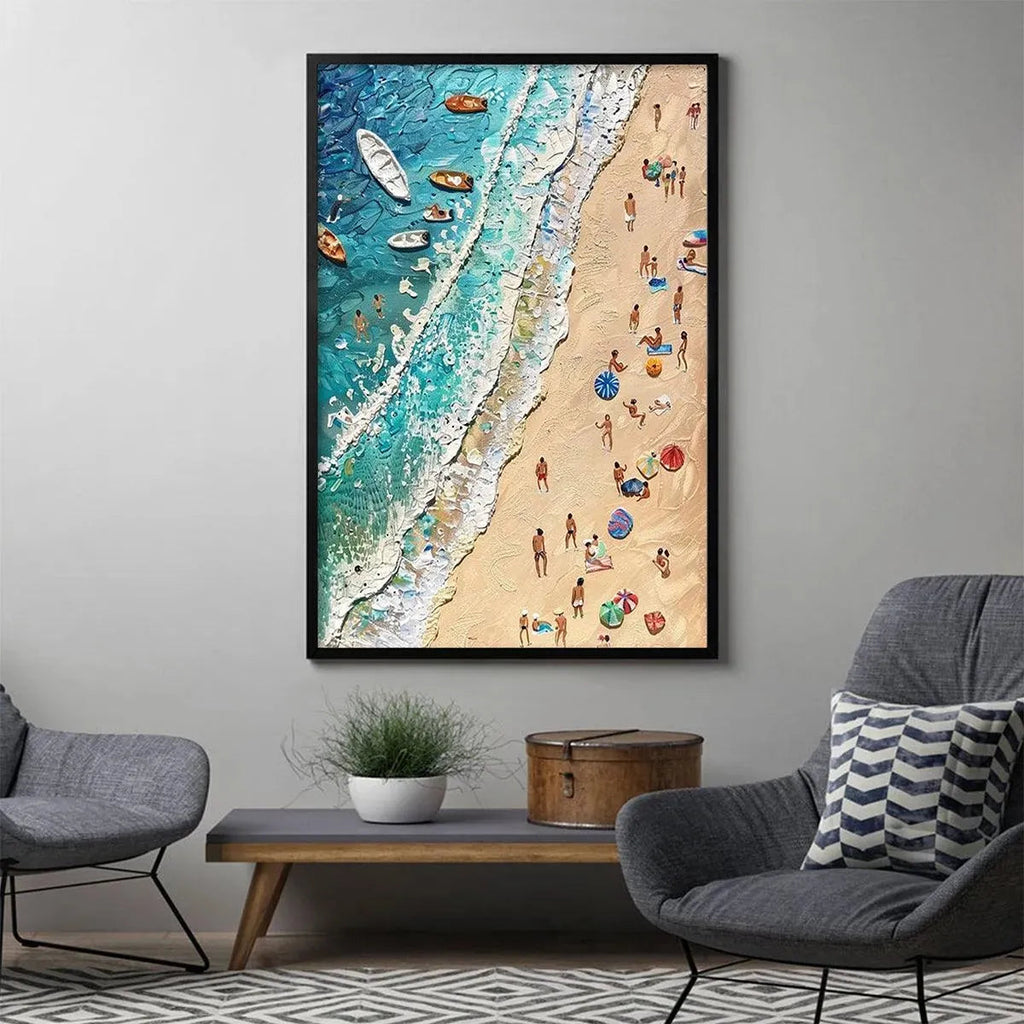 Textured painting of aerial beach scene with blue waves, sand, and colorful figures enjoying the sun. Boats offshore.
