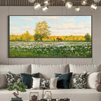Framed Sunlit Meadow painting: white flowers, golden tree, horse, figure. Ideal tranquil artwork for living room decor.