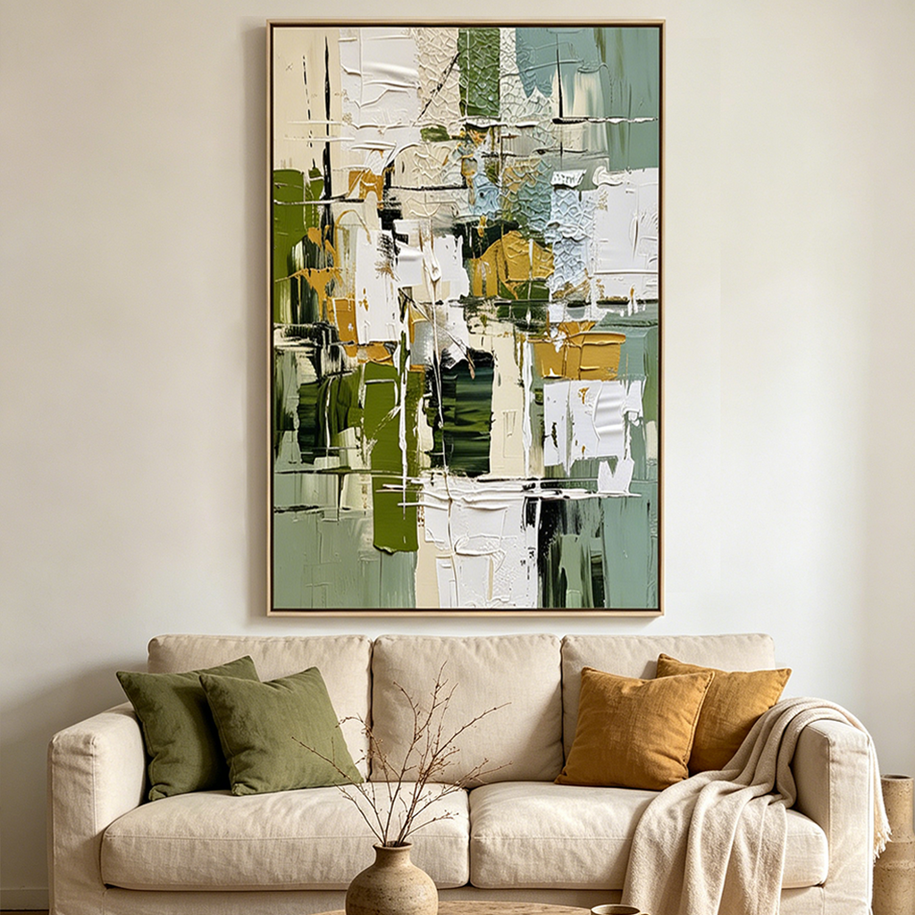 TERRACE VIEW: Wabi Sabi Impasto Crisp White Earthy Green Golden Ochre Canvas