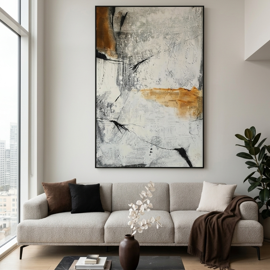 BROWN AND WHITE: Textured Brown Black White Abstract Canvas