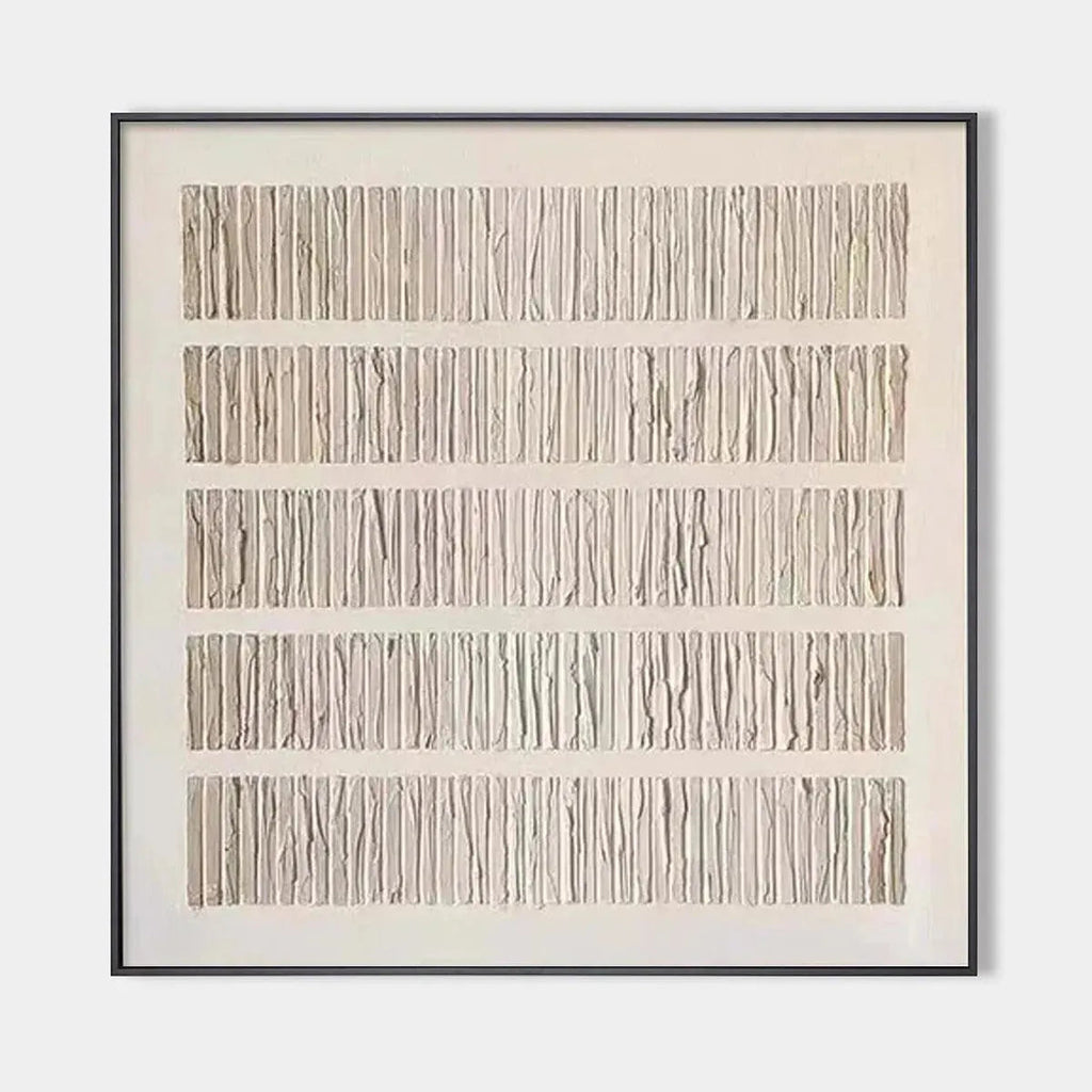 Minimalist beige textured wall art with five horizontal rows of organic vertical lines in neutral tones, framed in black.