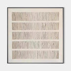 Minimalist beige textured wall art with five horizontal rows of organic vertical lines in neutral tones, framed in black.