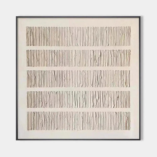 Minimalist beige textured wall art with five horizontal rows of organic vertical lines in neutral tones, framed in black.