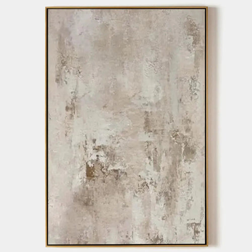 Textured Beige Abstract painting by Javier Ramirez. Modern minimalist artwork with neutral beige tones and a gold frame.