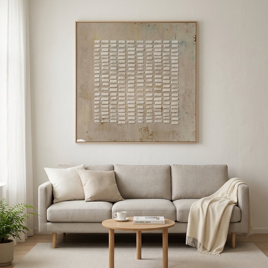 TEXTURED BEIGE GRID: Beige Textured Grid Pattern Minimalist Canvas