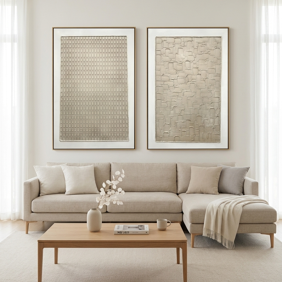 TEXTURED BEIGE GRID SET: Beige Textured Grid Canvas Set Of 2