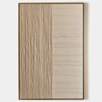 Textured beige painting by Javier Ramirez. Minimalist artwork with vertical and horizontal lines. Gold frame.