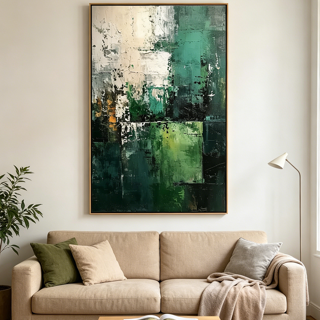 GREEN: Impasto Layers Of Green White And Gold Abstract Canvas