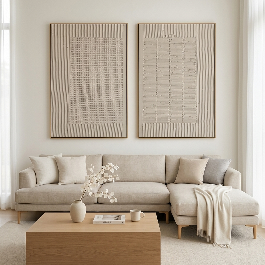 TEXTURED GRID DUO: Minimalist Beige Textured Grid Canvas Set Of 2