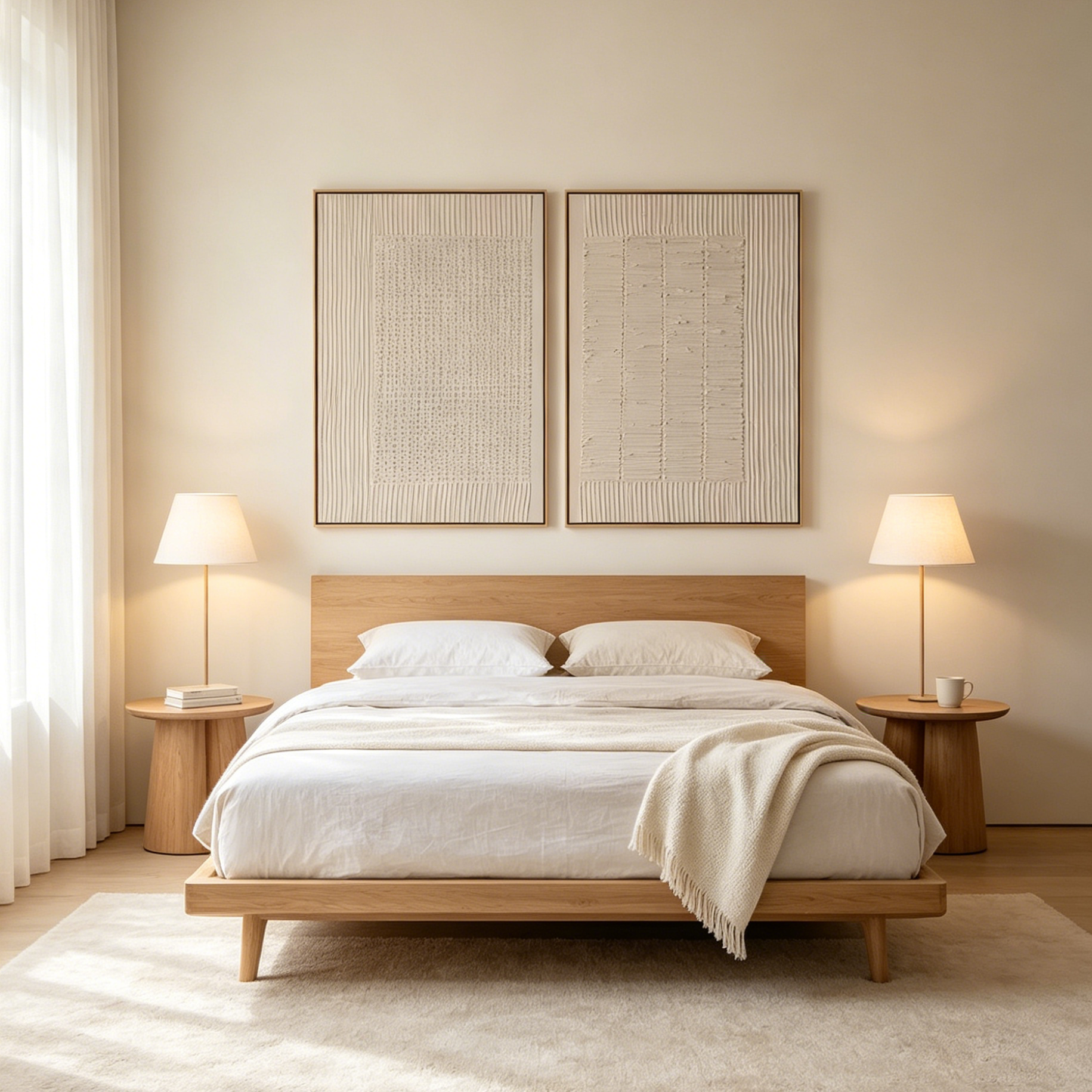 TEXTURED GRID DUO: Minimalist Beige Textured Grid Canvas Set Of 2