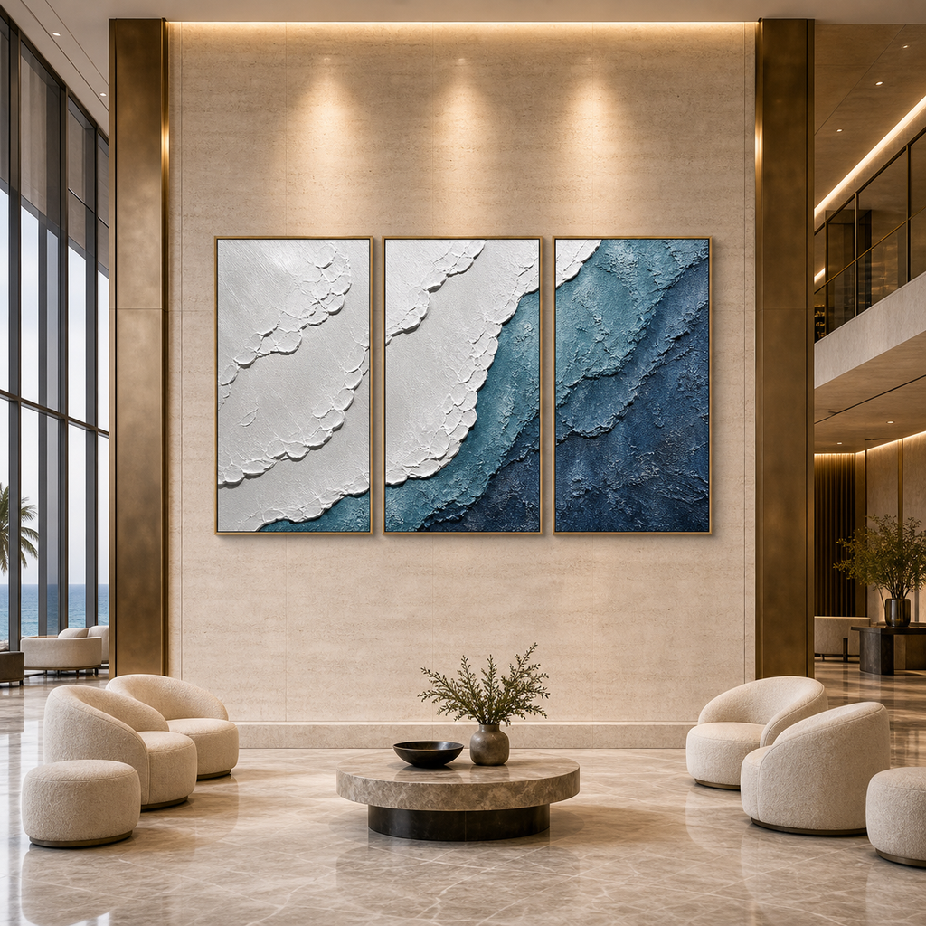 TEXTURED OCEANSCAPE TRIPTYCH: Blue White Textured Gradient Canvas Set Of 3