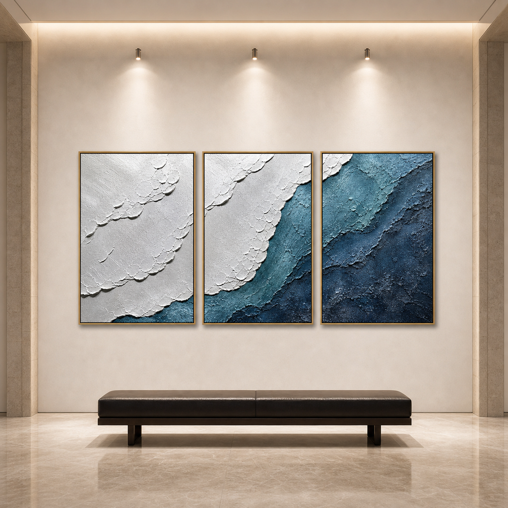 TEXTURED OCEANSCAPE TRIPTYCH: Blue White Textured Gradient Canvas Set Of 3