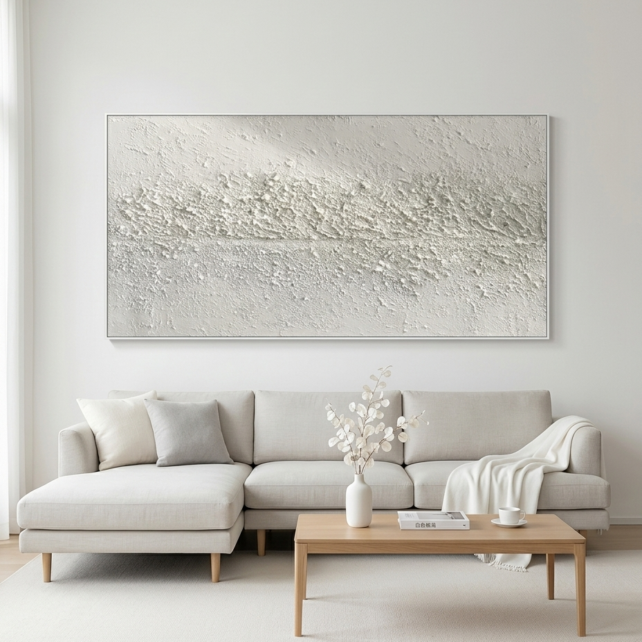 TEXTURED WHISPERS: Textured All White Horizontal Abstract Canvas