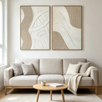 TEXTURED WHITE LINES DIPTYCH: Raised Texture Neutral Square Canvas Set Of 2