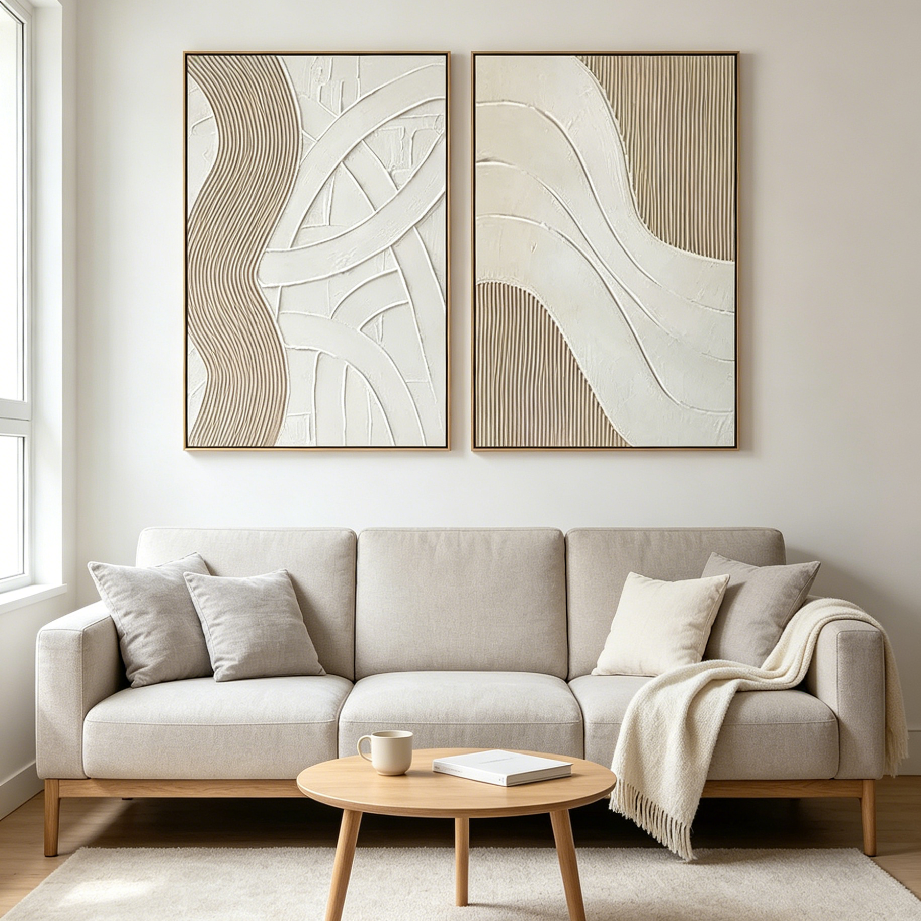 TEXTURED WHITE LINES DIPTYCH: Raised Texture Neutral Square Canvas Set Of 2