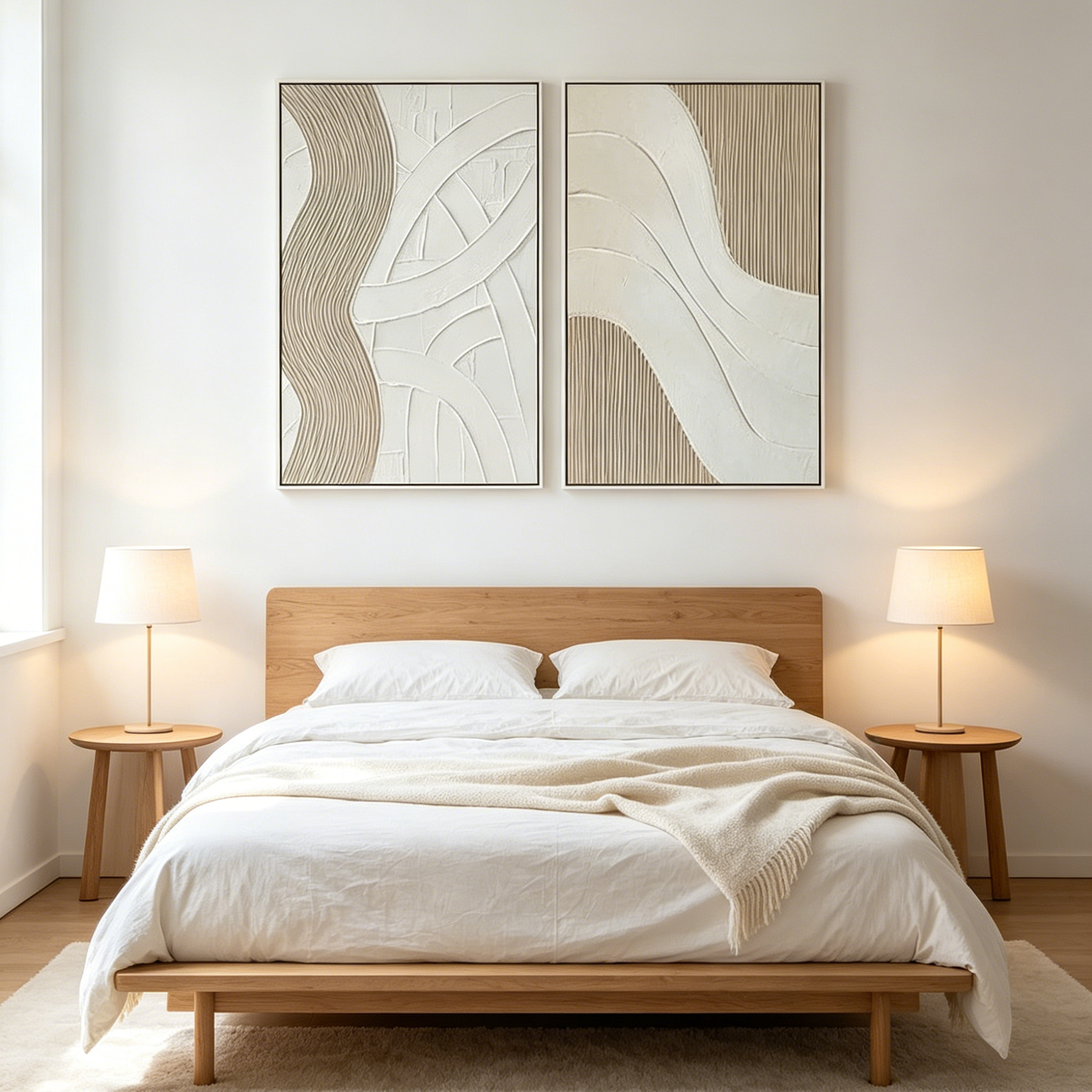 TEXTURED WHITE LINES DIPTYCH: Raised Texture Neutral Square Canvas Set Of 2