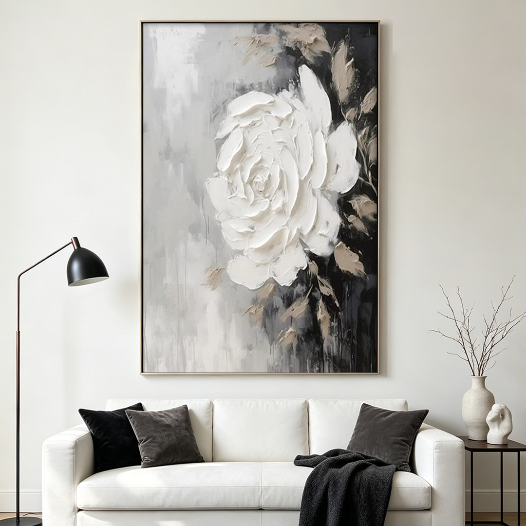 WHITE ROSE: 3D Impasto Single White Rose Canvas