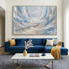 THE EXODUS: Impasto Blue White Gold Procession Figures Parting Waves Canvas