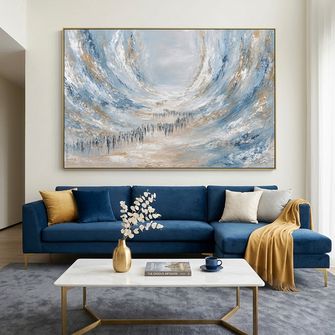 THE EXODUS: Impasto Blue White Gold Procession Figures Parting Waves Canvas