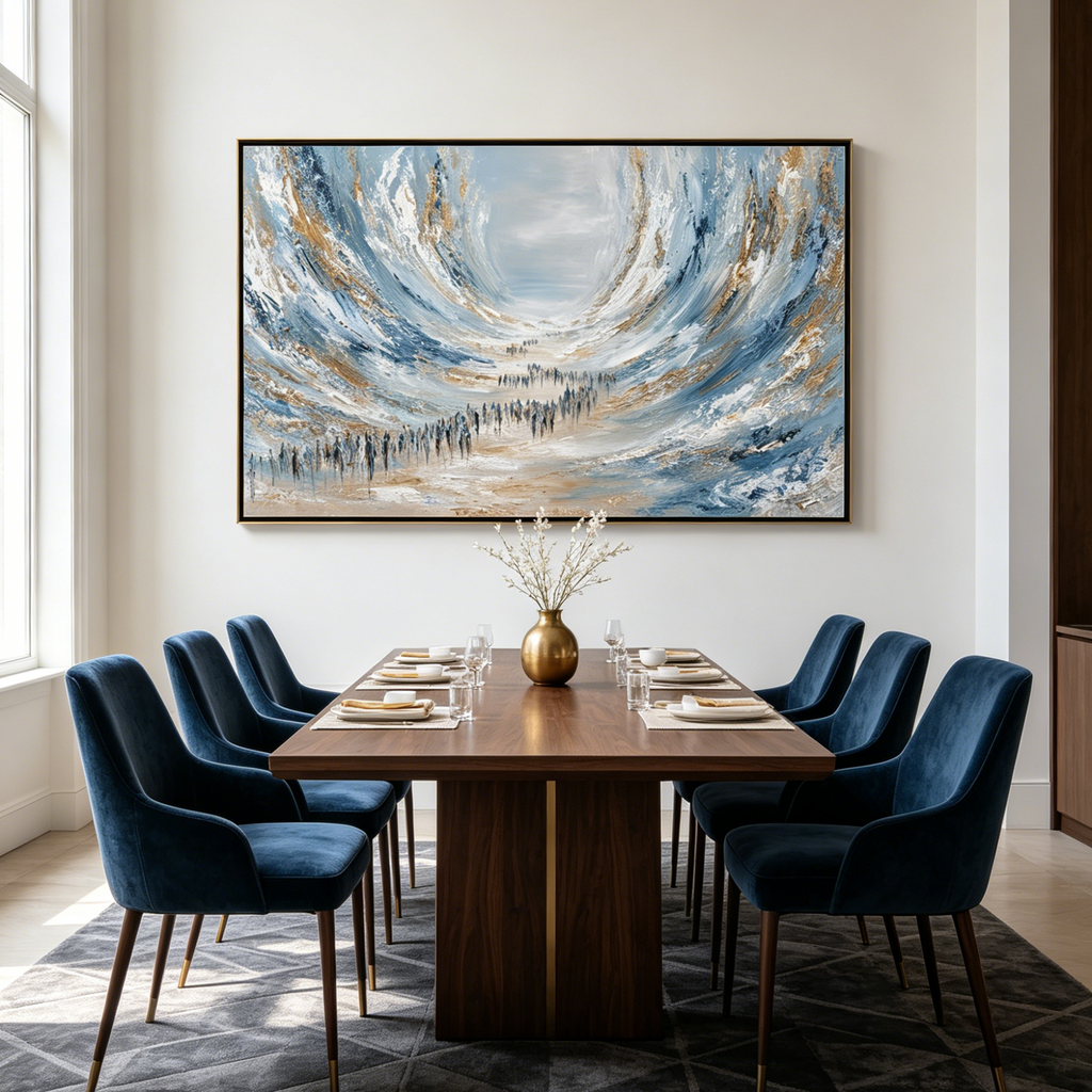 THE EXODUS: Impasto Blue White Gold Procession Figures Parting Waves Canvas