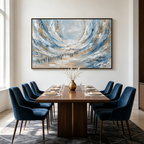 THE EXODUS: Impasto Blue White Gold Procession Figures Parting Waves Canvas