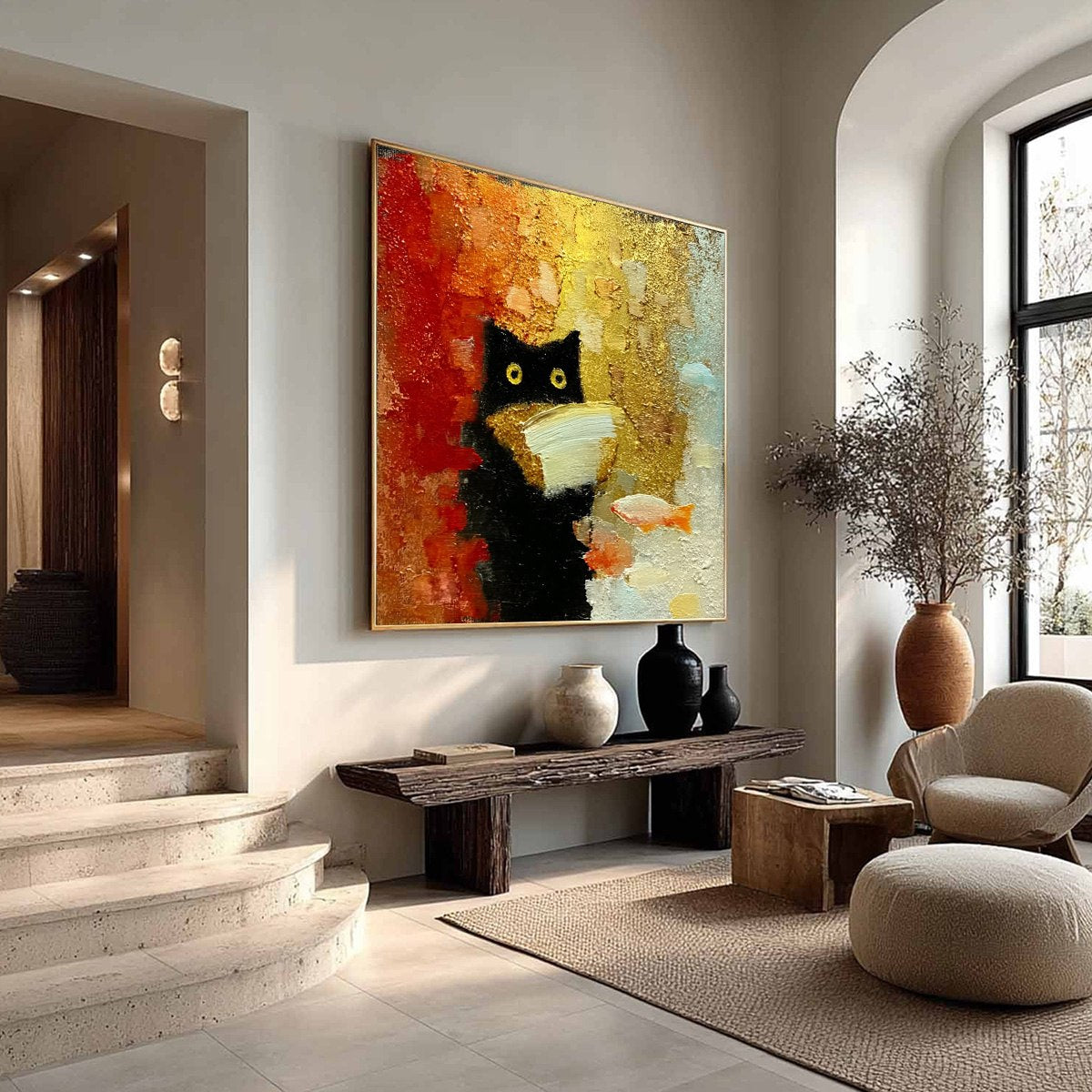 THE MIDNIGHT SCHOLAR: Whimsical Textured Impasto Black Cat Painting
