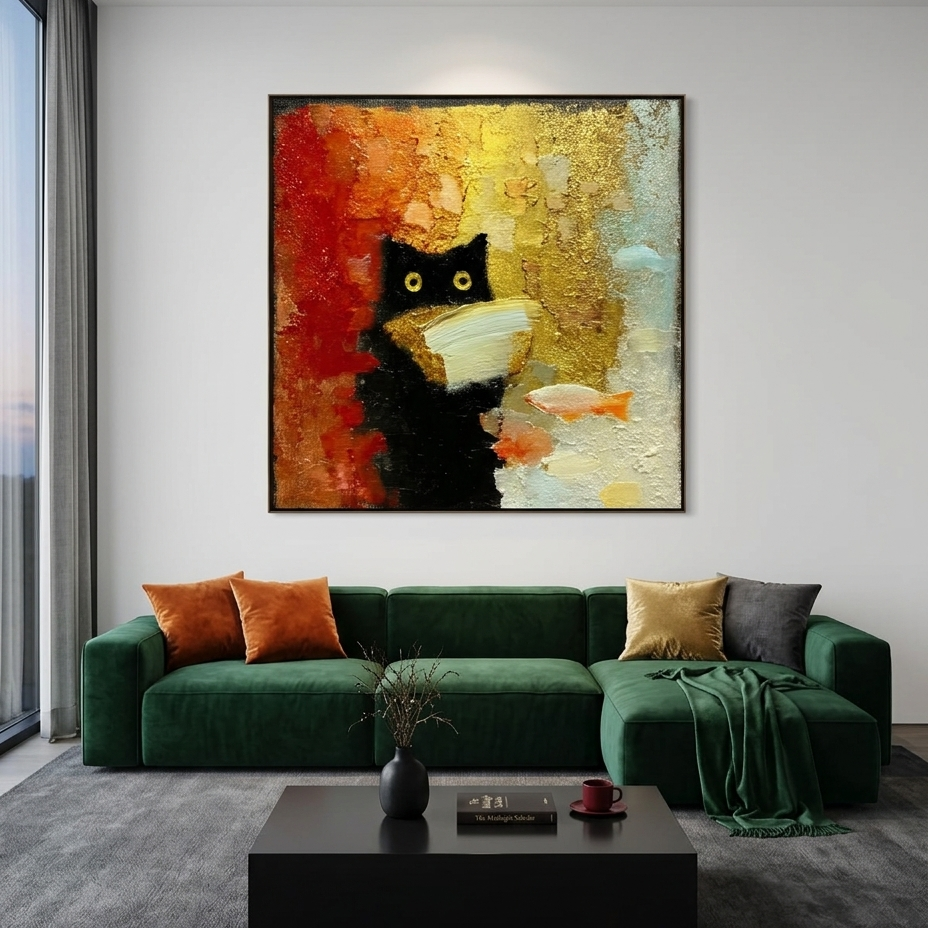THE MIDNIGHT SCHOLAR: Impasto Black Cat Yellow Eyes Canvas