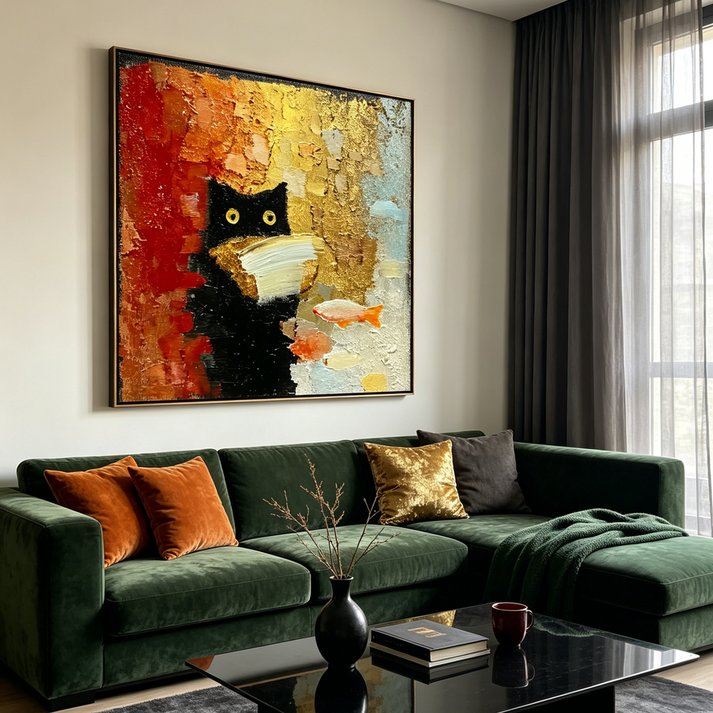THE MIDNIGHT SCHOLAR: Impasto Black Cat Yellow Eyes Canvas