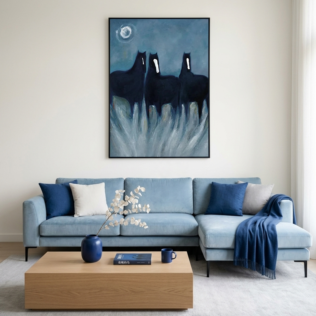 THREE HORSES AT NIGHT: Silhouette Horses On Muted Blue Background Canvas