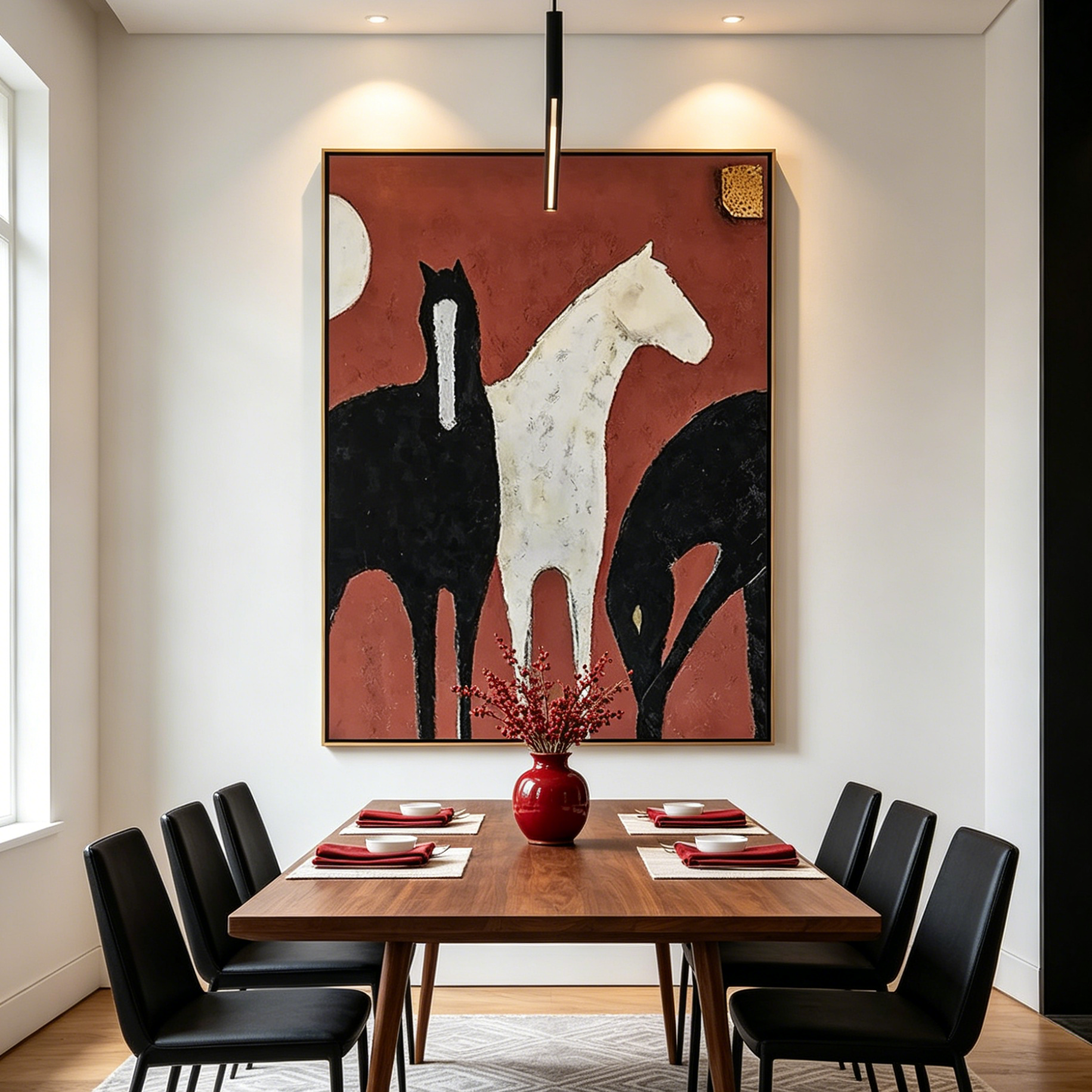 THREE HORSES ON RED: Minimalist Horse Forms Canvas