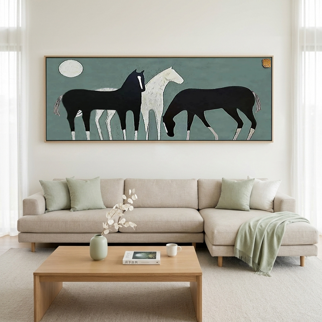 THREE HORSES UNDER THE MOON: Horses And Moon Panoramic  Canvas