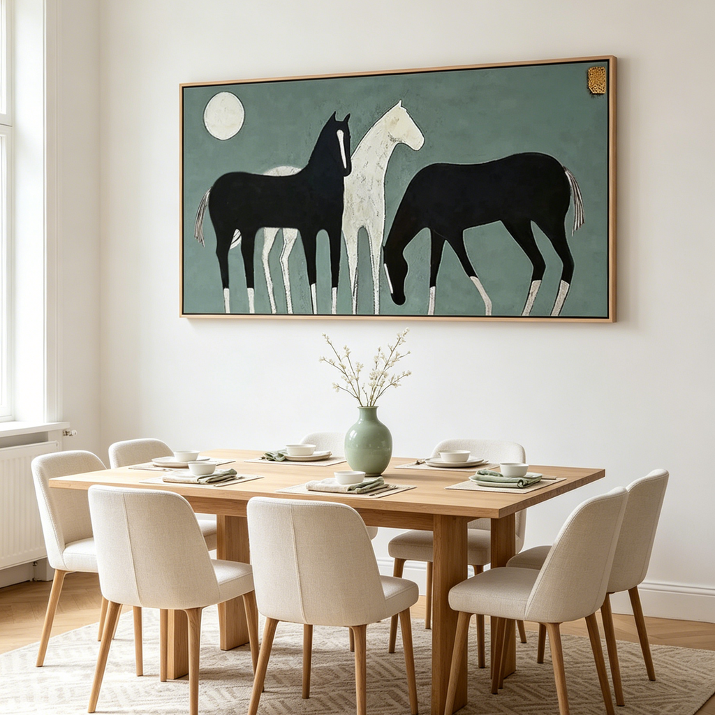 THREE HORSES UNDER THE MOON: Horses And Moon Panoramic  Canvas