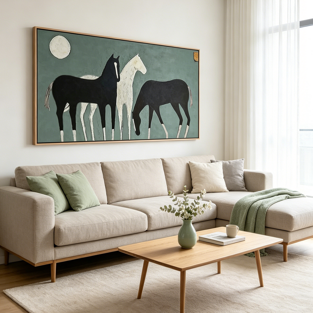 THREE HORSES UNDER THE MOON: Horses And Moon Panoramic  Canvas
