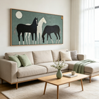 THREE HORSES UNDER THE MOON: Horses And Moon Panoramic  Canvas