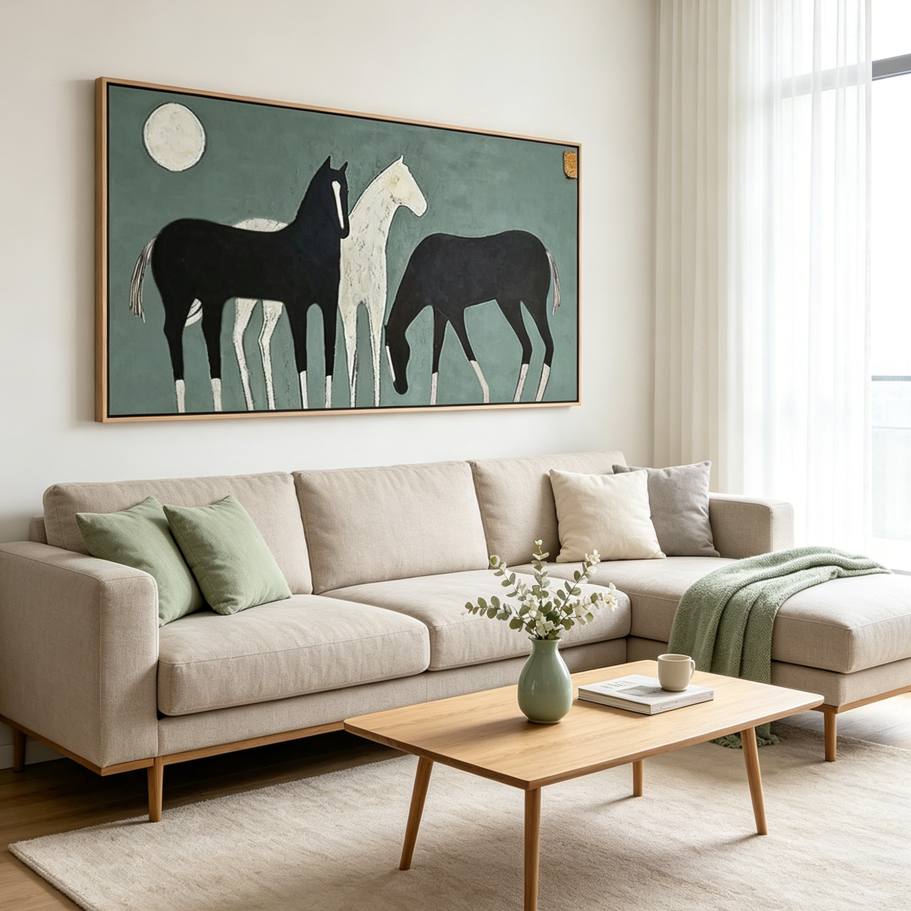 THREE HORSES UNDER THE MOON: Horses And Moon Panoramic  Canvas