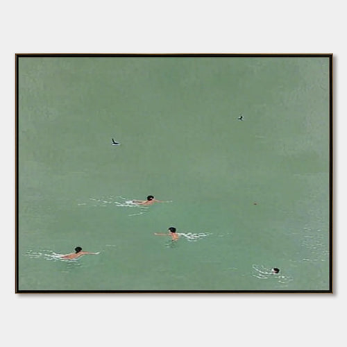 Tidal Glide Swimmer Oil Painting, Minimalist Sports Wall Art