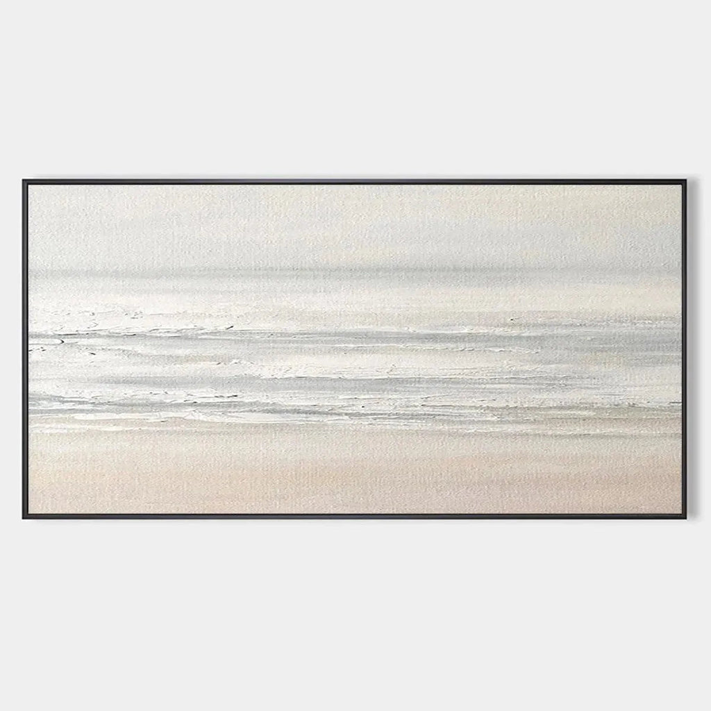 Tranquil Coast minimalist coastal landscape painting in neutral tones, horizontal canvas art.