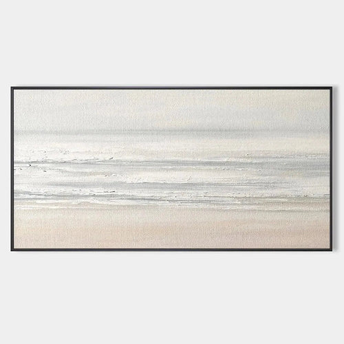 Tranquil Coast minimalist coastal landscape painting in neutral tones, horizontal canvas art.