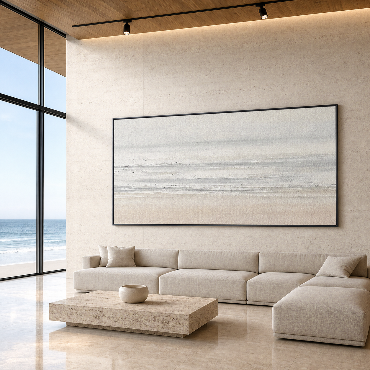 TRANQUIL COAST: Neutral Tone Minimalist Seascape Canvas