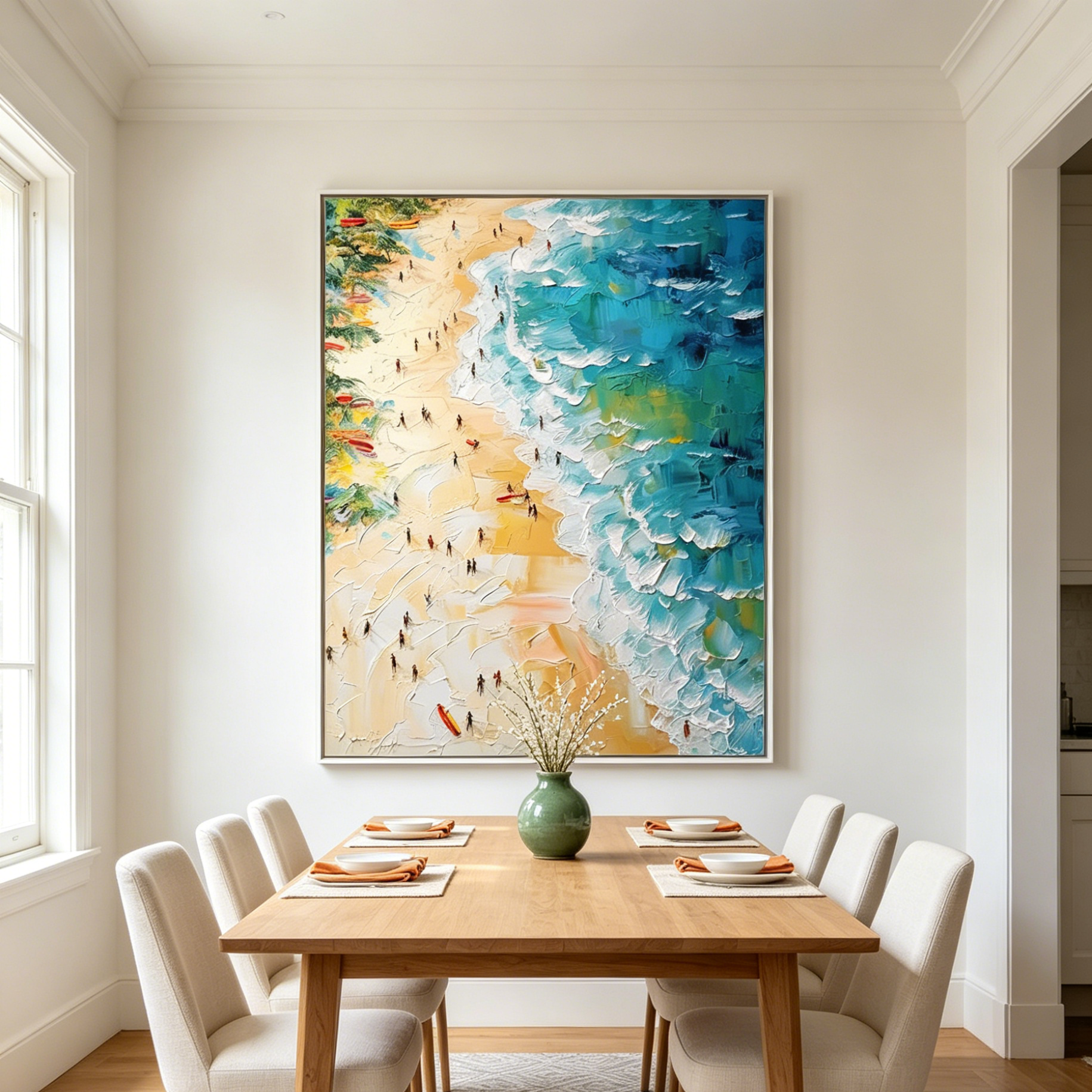 TROPICAL PARADISE: Impasto Beach Scene Palm Trees Turquoise Waves Canvas