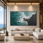 TURQUOISE CRASH: Teal Black Waves Colliding Textured Canvas