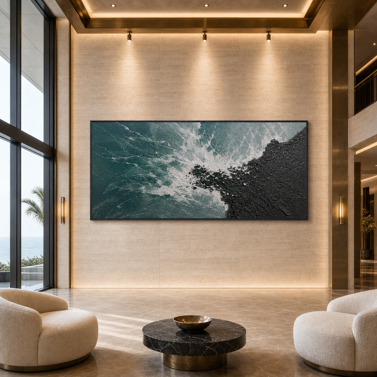TURQUOISE CRASH: Teal Black Waves Colliding Textured Canvas