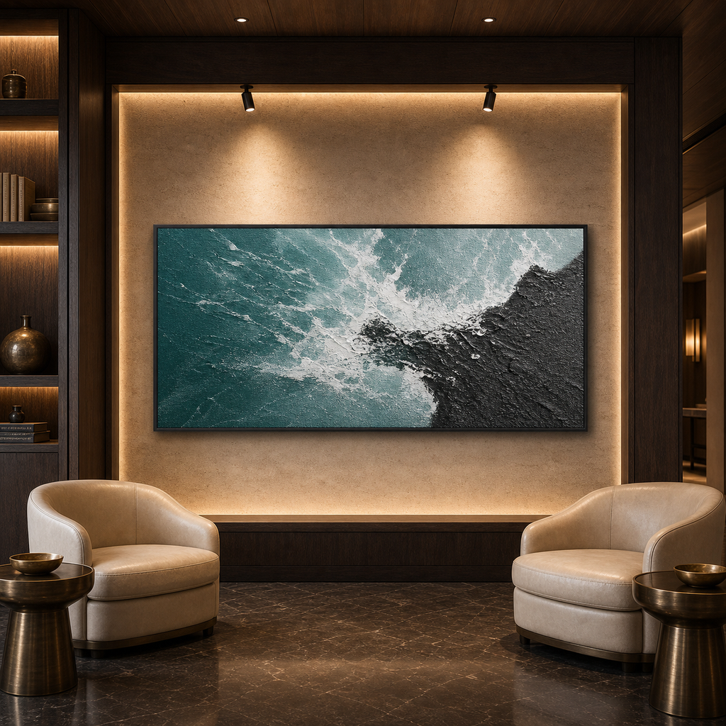 TURQUOISE CRASH: Teal Black Waves Colliding Textured Canvas